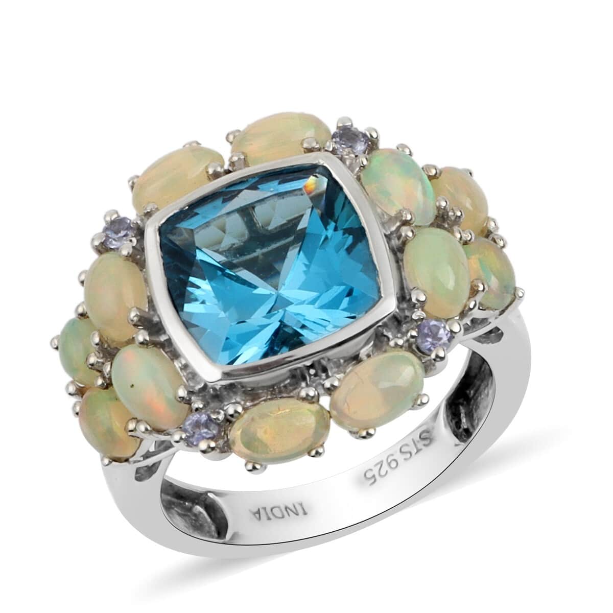 Swiss Blue Topaz and Multi Gemstone Ring in Platinum Over Sterling Silver (Size 7.0) 7.65 ctw image number 0