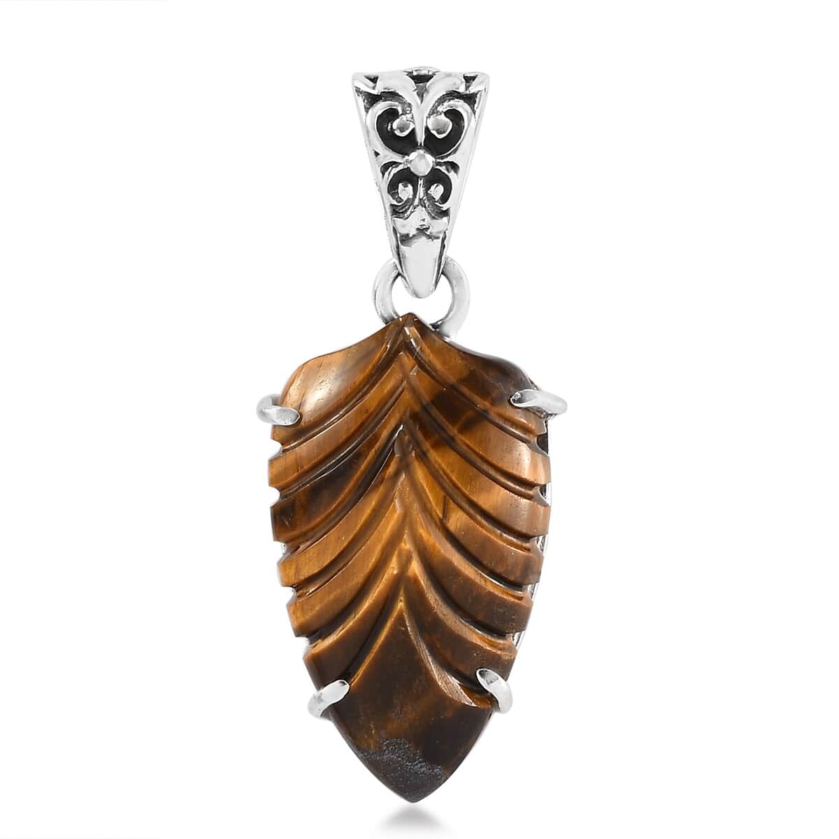 Tiger's Eye Carved Fancy Pendant in Sterling Silver 10.75 ctw image number 0