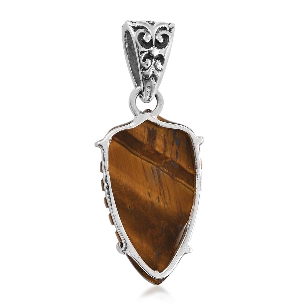 Tiger's Eye Carved Fancy Pendant in Sterling Silver 10.75 ctw image number 3