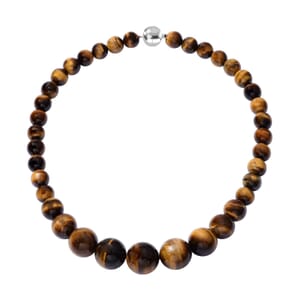 Yellow Tiger's Eye 706.00 ctw Bead Necklace in Rhodium Over Sterling Silver, Single Strand Bead Necklace, Silver Beaded Necklace 20 Inches
