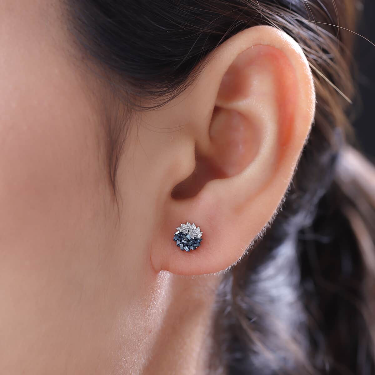 Blue Diamond and Diamond Solitaire Stud Earrings in Platinum Over Sterling Silver 0.20 ctw image number 2