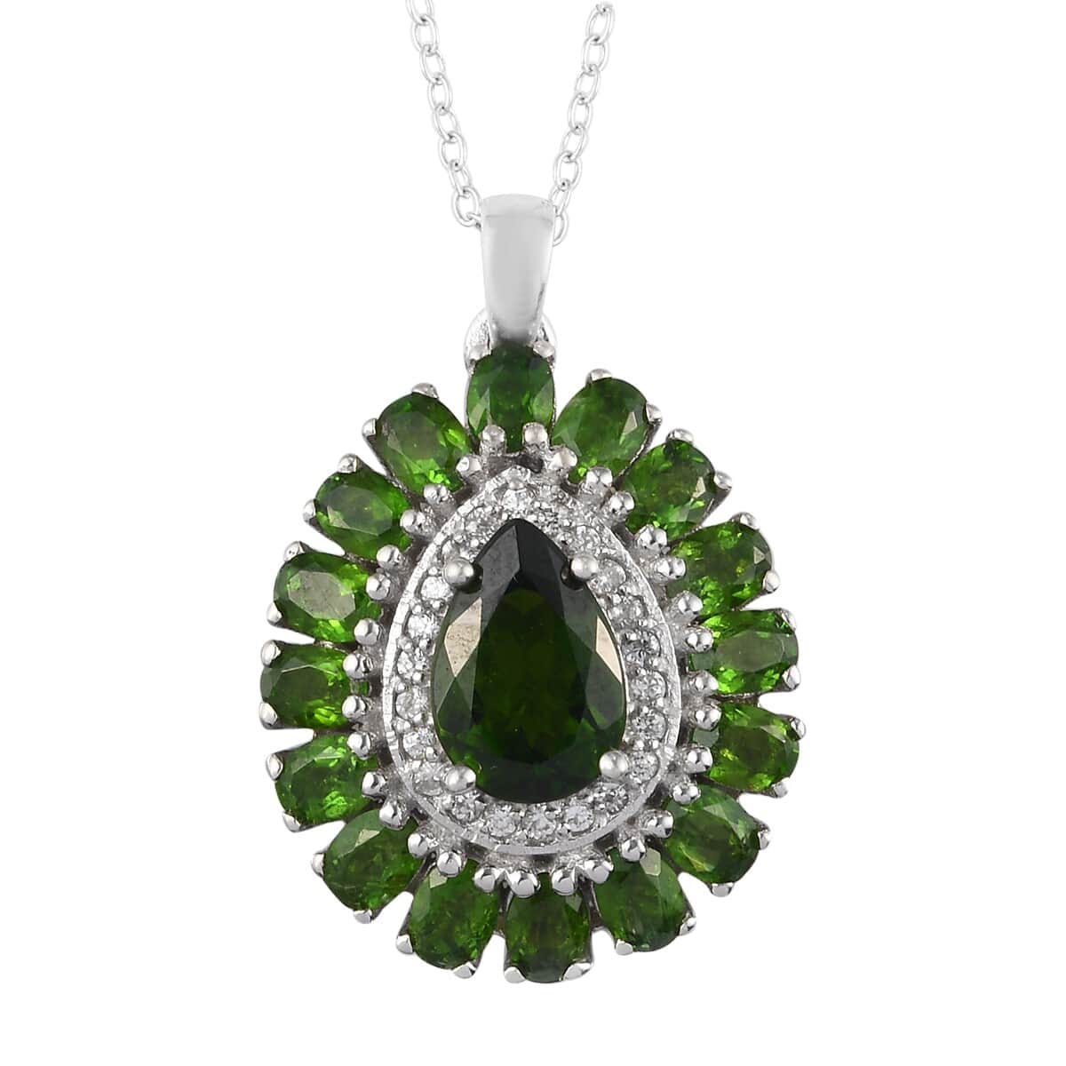 Chrome Diopside and Zircon Pendant Necklace 20 Inches in Platinum Over Sterling Silver 5.50 ctw image number 0