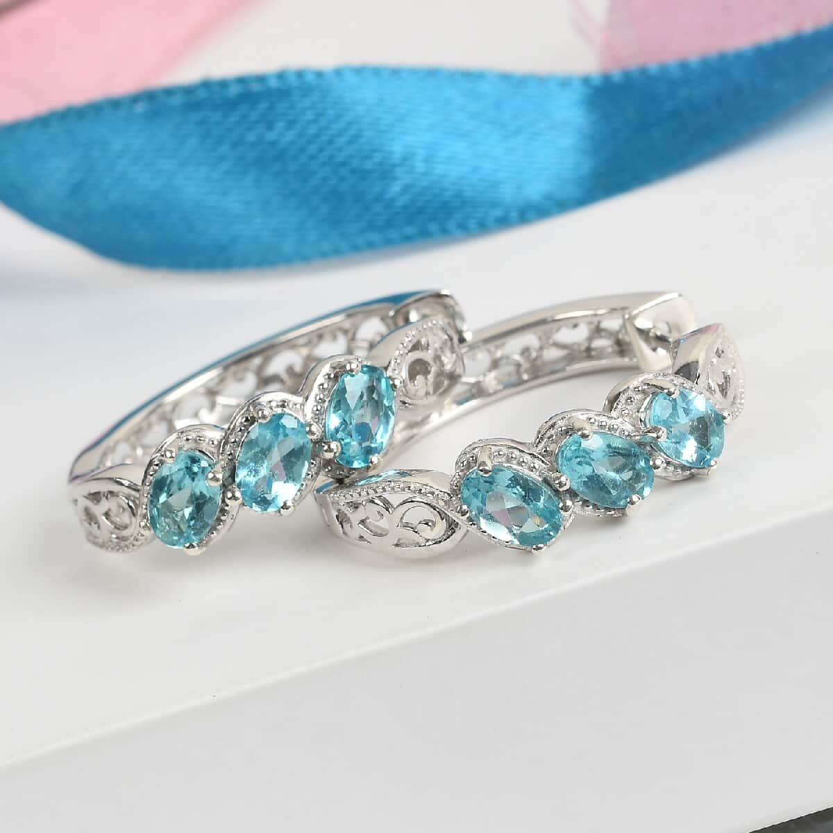 Madagascar Paraiba Apatite Hoop Earrings in Platinum Over Sterling Silver 2.90 ctw image number 1