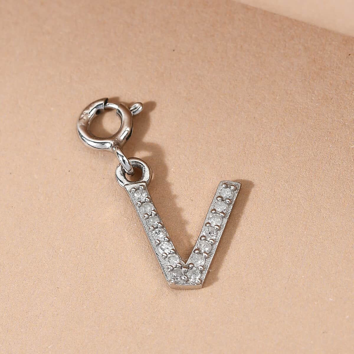 Diamond Initial V Charm in Platinum Over Sterling Silver 0.13 ctw image number 1