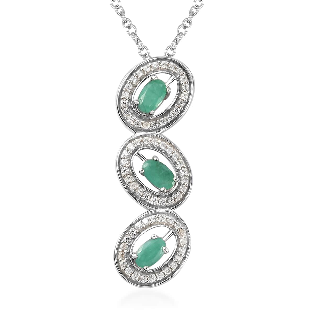 Socoto Emerald and Natural White Zircon Pendant Necklace 20 Inches in Platinum Over Sterling Silver 1.25 ctw image number 0
