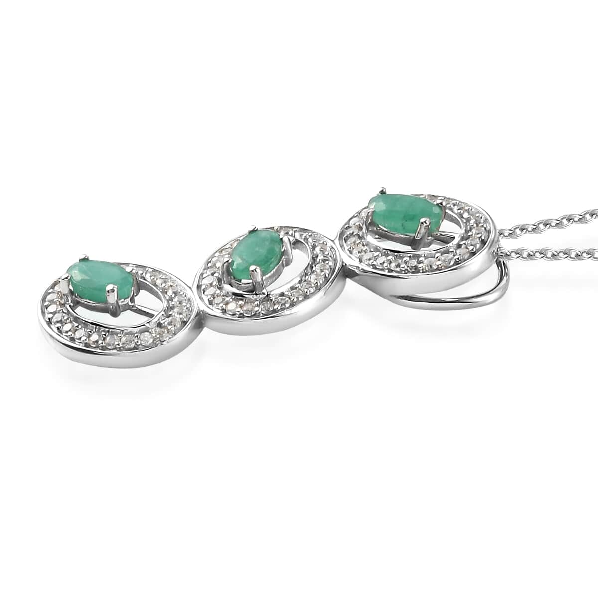 Socoto Emerald and Natural White Zircon Pendant Necklace 20 Inches in Platinum Over Sterling Silver 1.25 ctw image number 3