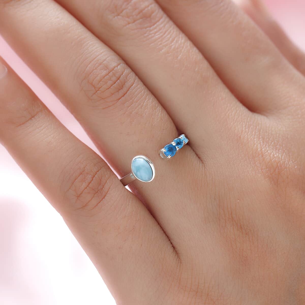 Larimar and Malgache Neon Apatite Open Shank Ring in Platinum Over Sterling Silver (Size 6.0) 0.75 ctw image number 1