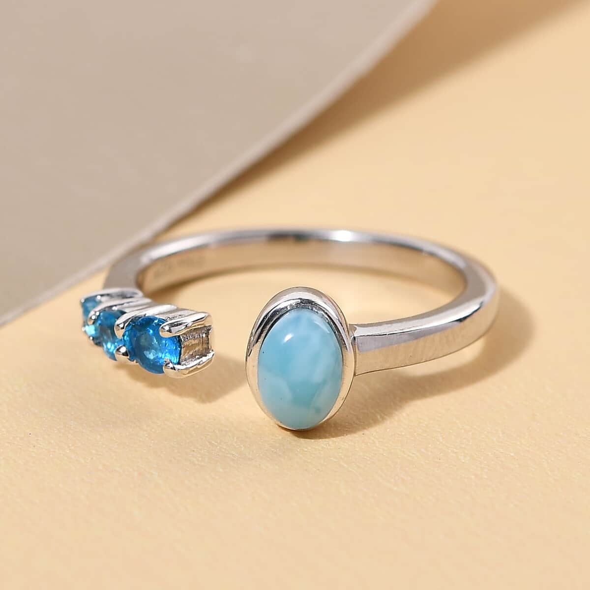 Larimar and Malgache Neon Apatite Open Shank Ring in Platinum Over Sterling Silver 0.75 ctw image number 3