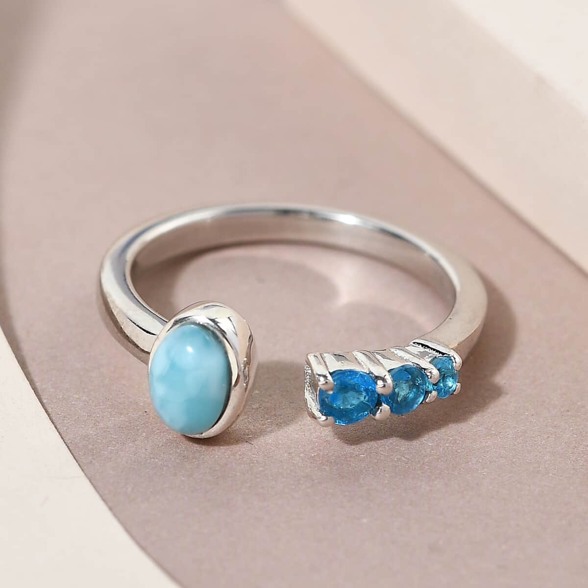 Larimar and Malgache Neon Apatite Open Shank Ring in Platinum Over Sterling Silver 0.75 ctw image number 4
