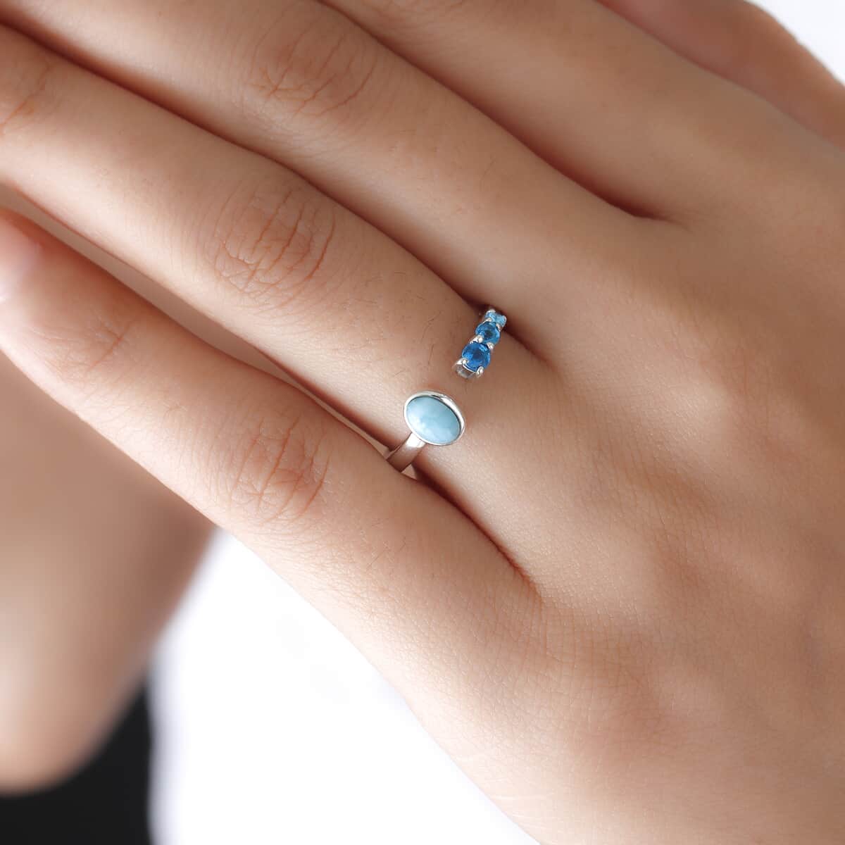 Larimar and Malgache Neon Apatite Open Shank Ring in Platinum Over Sterling Silver (Size 8.0) 0.75 ctw image number 2