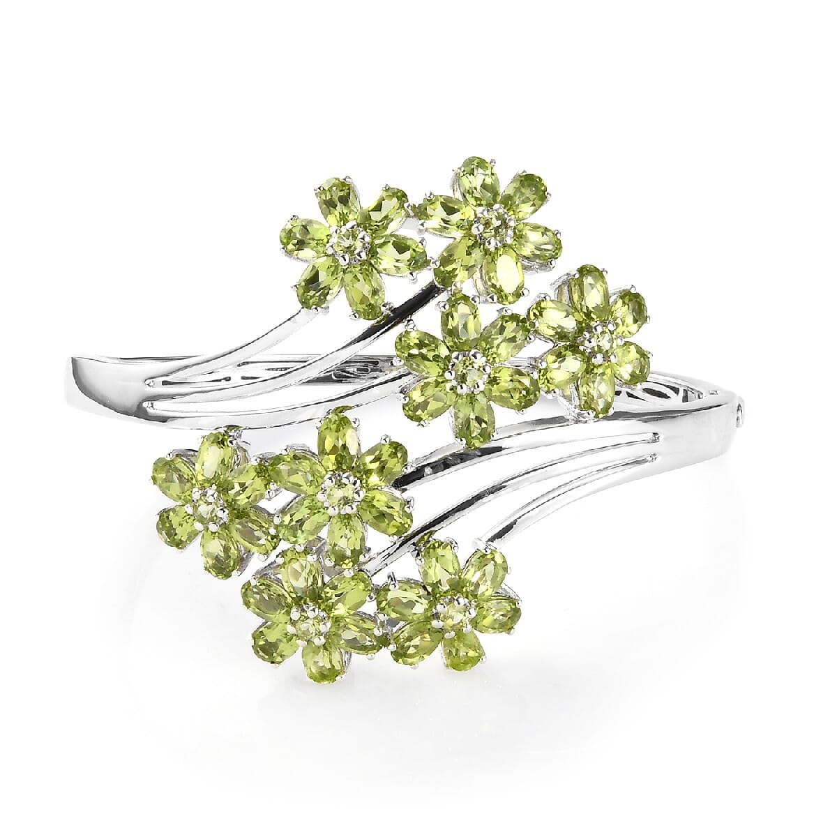 Arizona Peridot Floral Bypass Bangle Bracelet in Platinum Over Sterling Silver (7.25 in) 33 Grams 24.00 ctw image number 0