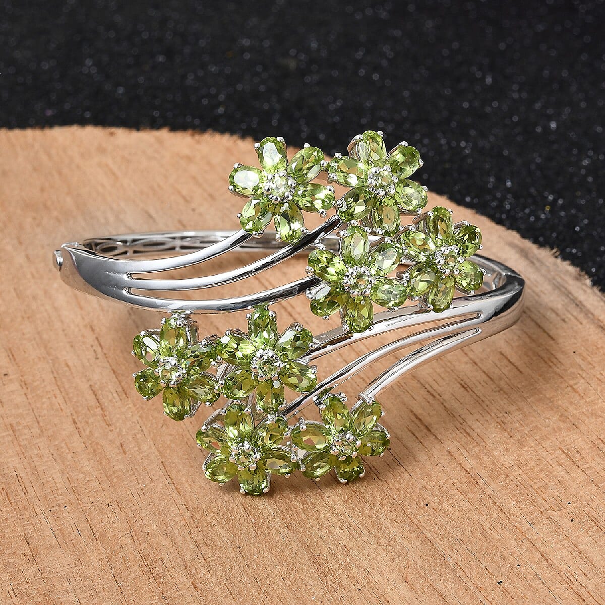 Arizona Peridot Floral Bypass Bangle Bracelet in Platinum Over Sterling Silver (7.25 in) 33 Grams 24.00 ctw