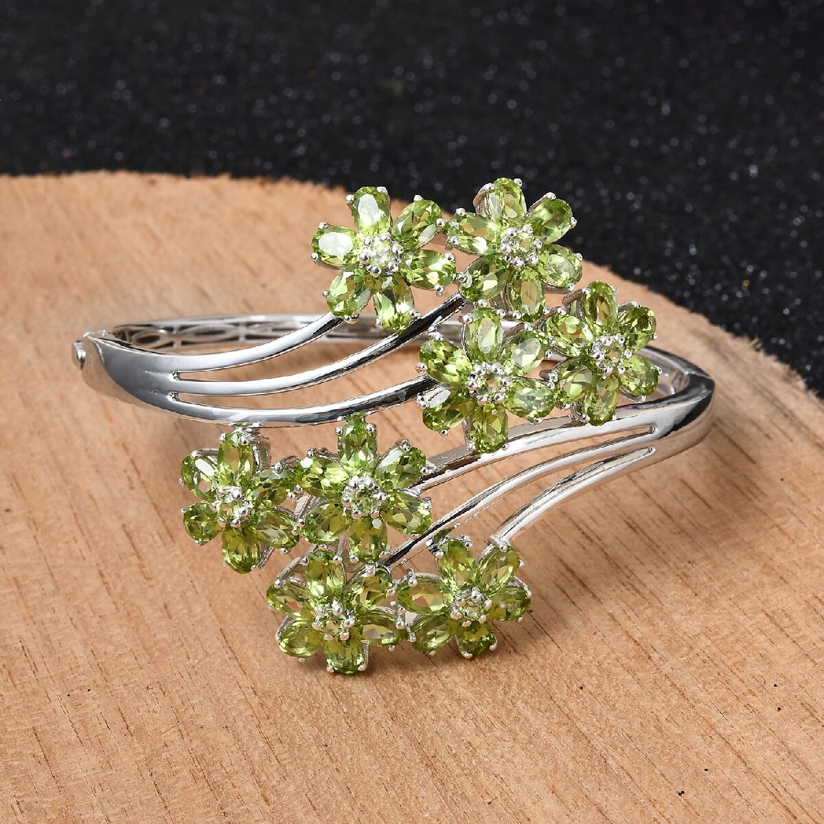 Arizona Peridot Floral Bypass Bangle Bracelet in Platinum Over Sterling Silver (7.25 in) 33 Grams 24.00 ctw image number 1