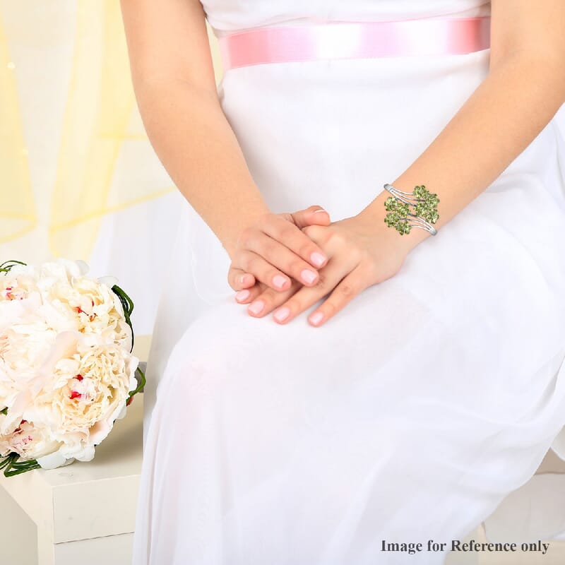 Arizona Peridot Floral Bypass Bangle Bracelet in Platinum Over Sterling Silver (7.25 in) 33 Grams 24.00 ctw