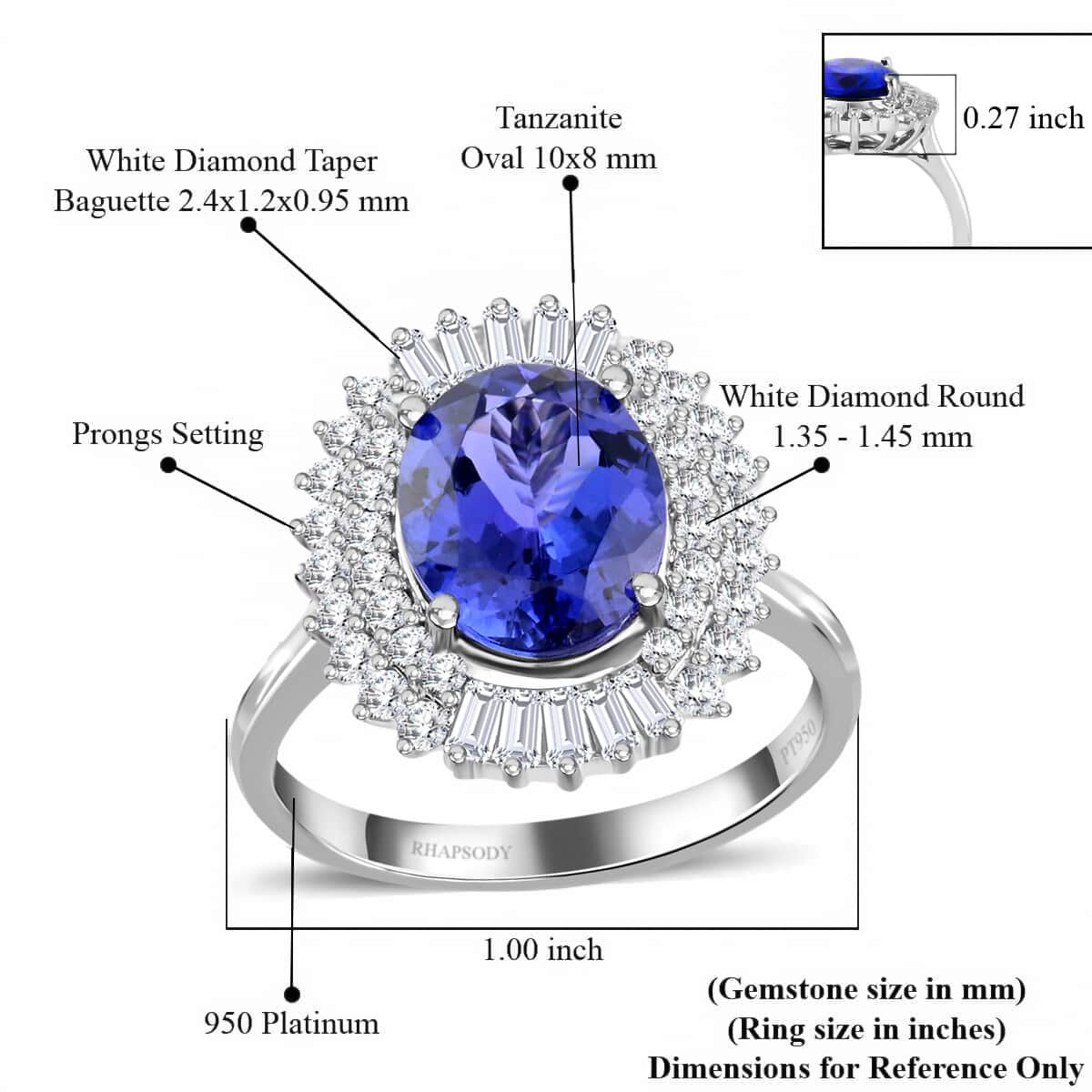 RHAPSODY 950 Platinum AAAA VIVID Tanzanite, Diamond (E-F, VS) (0.65 cts) Double Halo Ring (Size 8.0) (6.85 g) 4.00 ctw image number 5