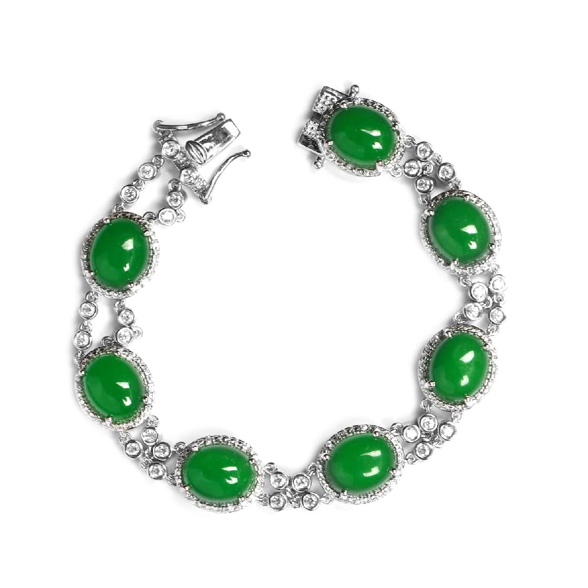 Green Jade (D) and White Zircon Bracelet in Platinum Over Sterling Silver (7.25 In) 38.95 ctw image number 0