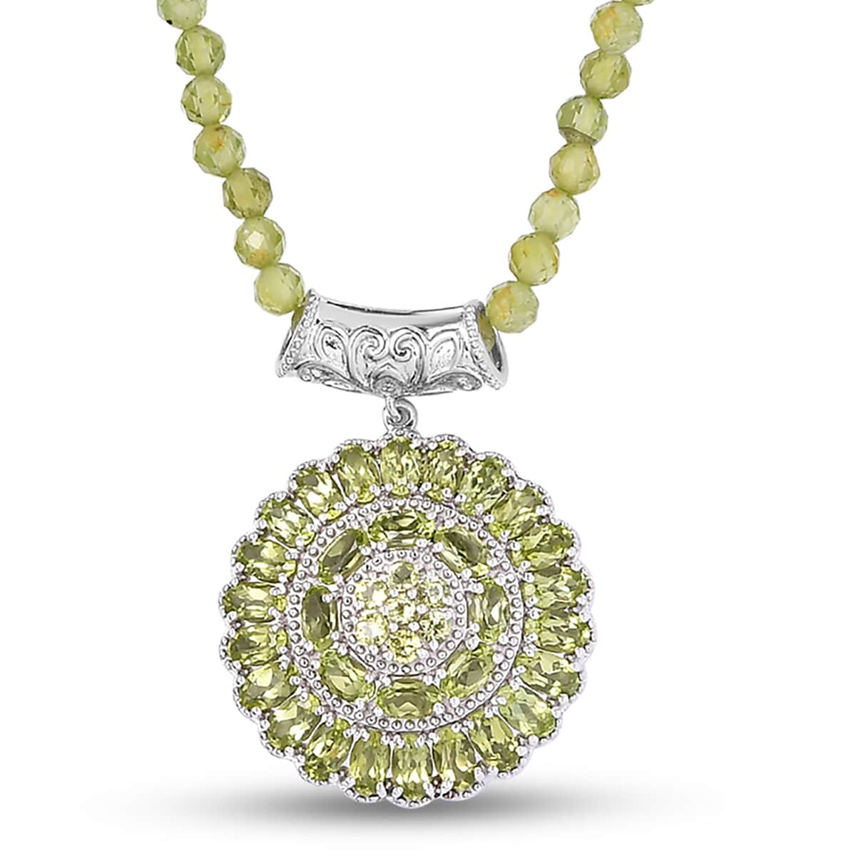 Arizona Peridot Cocktail Pendant with Peridot Beaded Necklace 20 Inches in Platinum Over Sterling Silver 72.40 ctw image number 0
