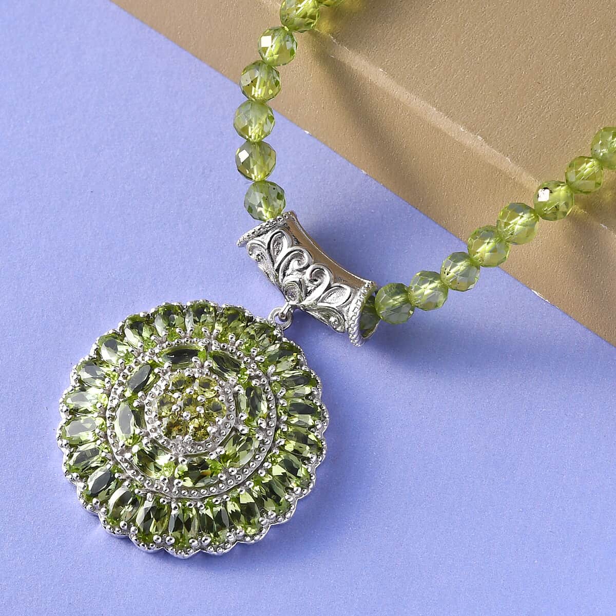 Arizona Peridot Cocktail Pendant with Peridot Beaded Necklace 20 Inches in Platinum Over Sterling Silver 72.40 ctw image number 1