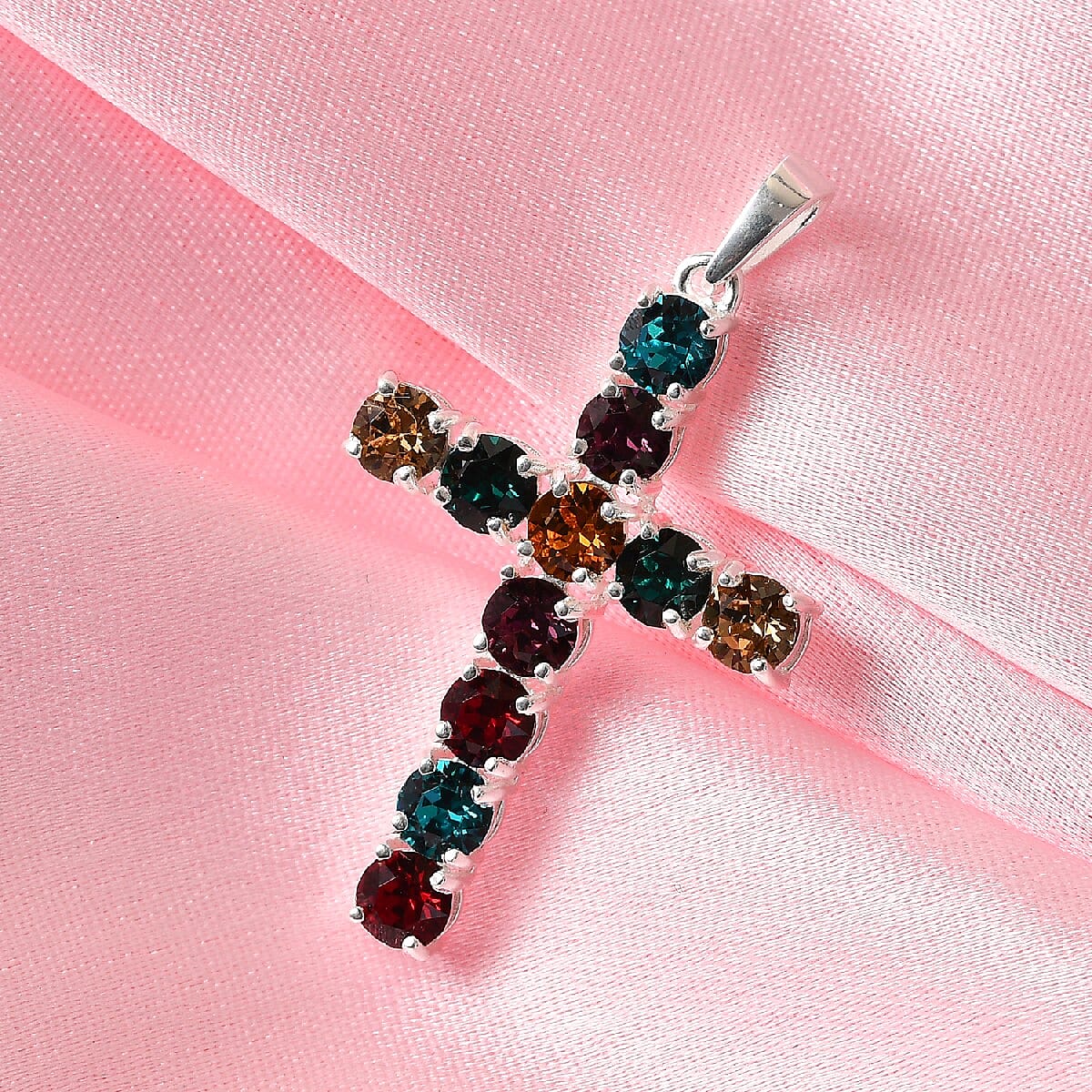 Multi Color Crystal Cross Pendant in Sterling Silver image number 1