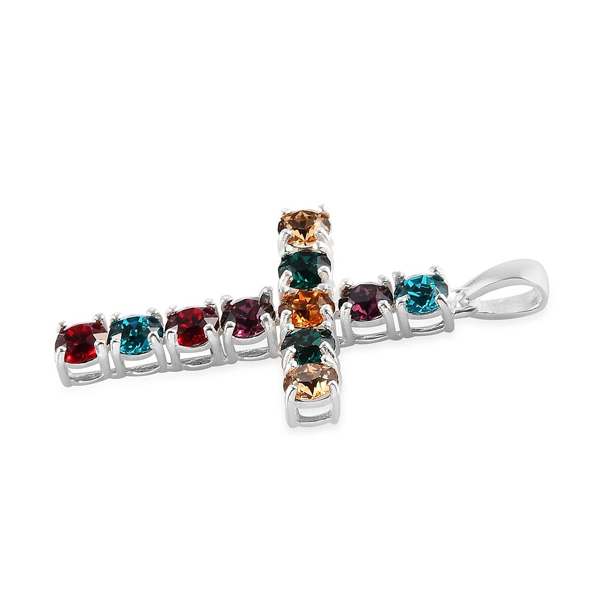 Multi Color Crystal Cross Pendant in Sterling Silver image number 2