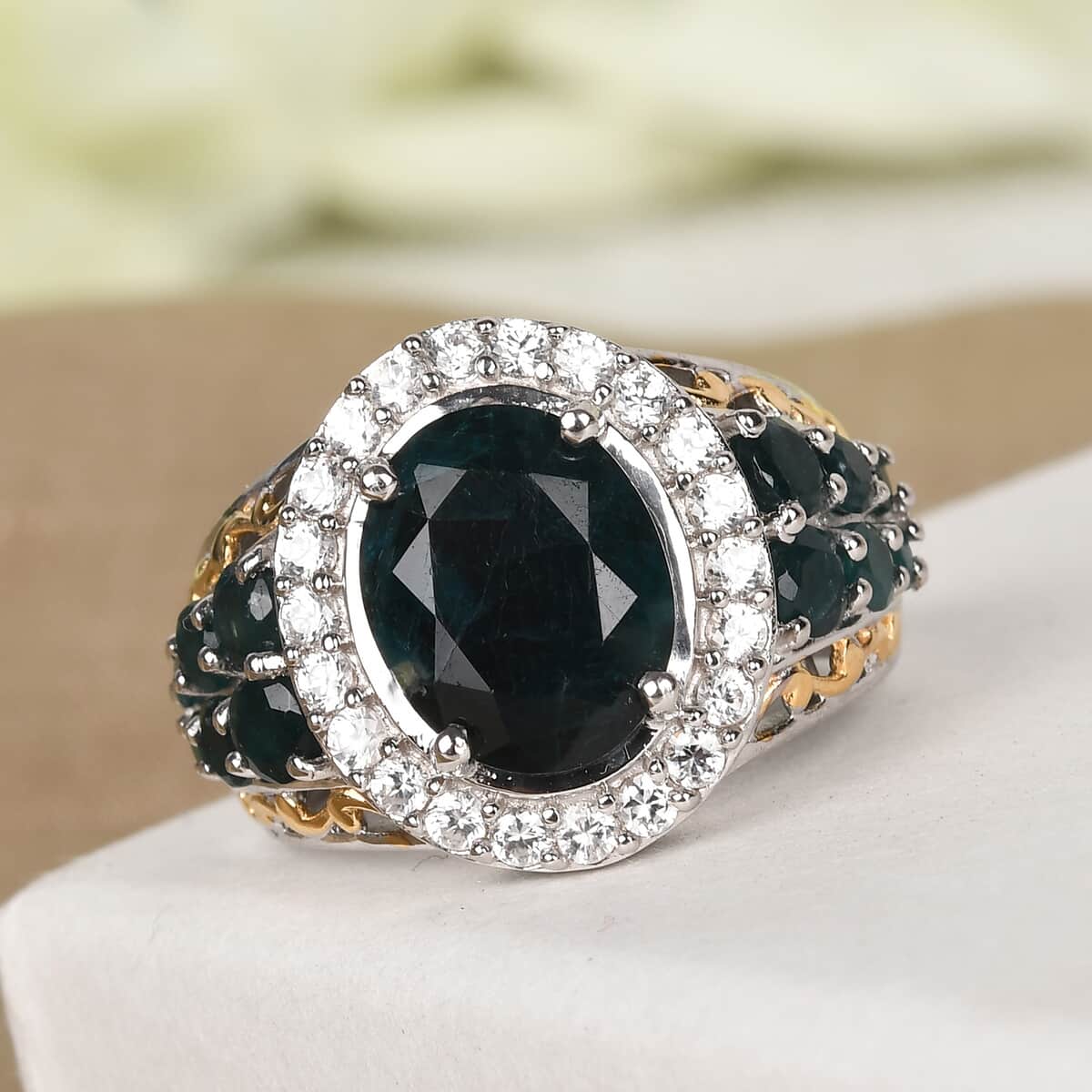Teal Grandidierite and White Zircon Ring in Vermeil Yellow Gold and Platinum Over Sterling Silver (Size 5.0) 4.20 ctw image number 1