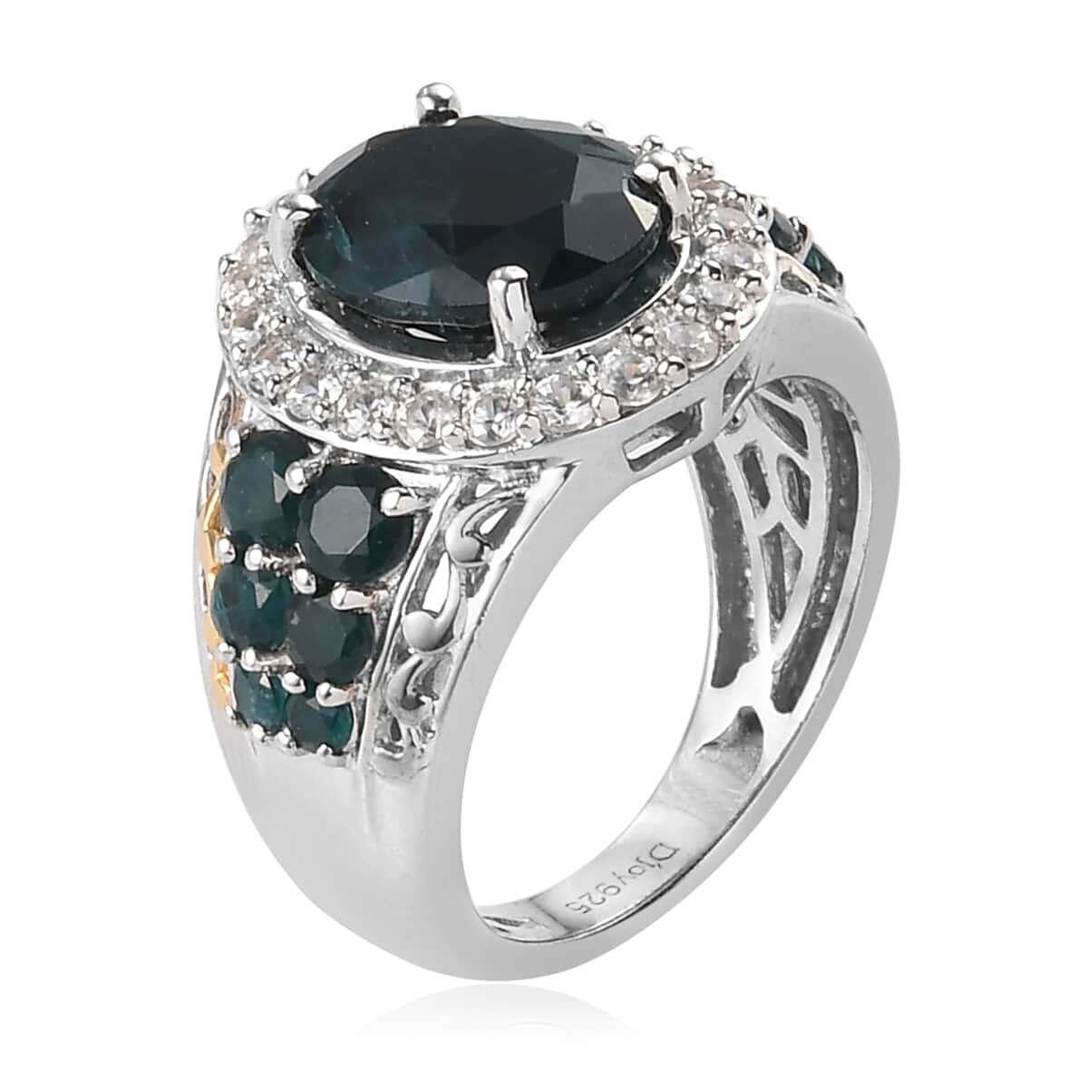 Teal Grandidierite and White Zircon Ring in Vermeil Yellow Gold and Platinum Over Sterling Silver (Size 5.0) 4.20 ctw image number 3