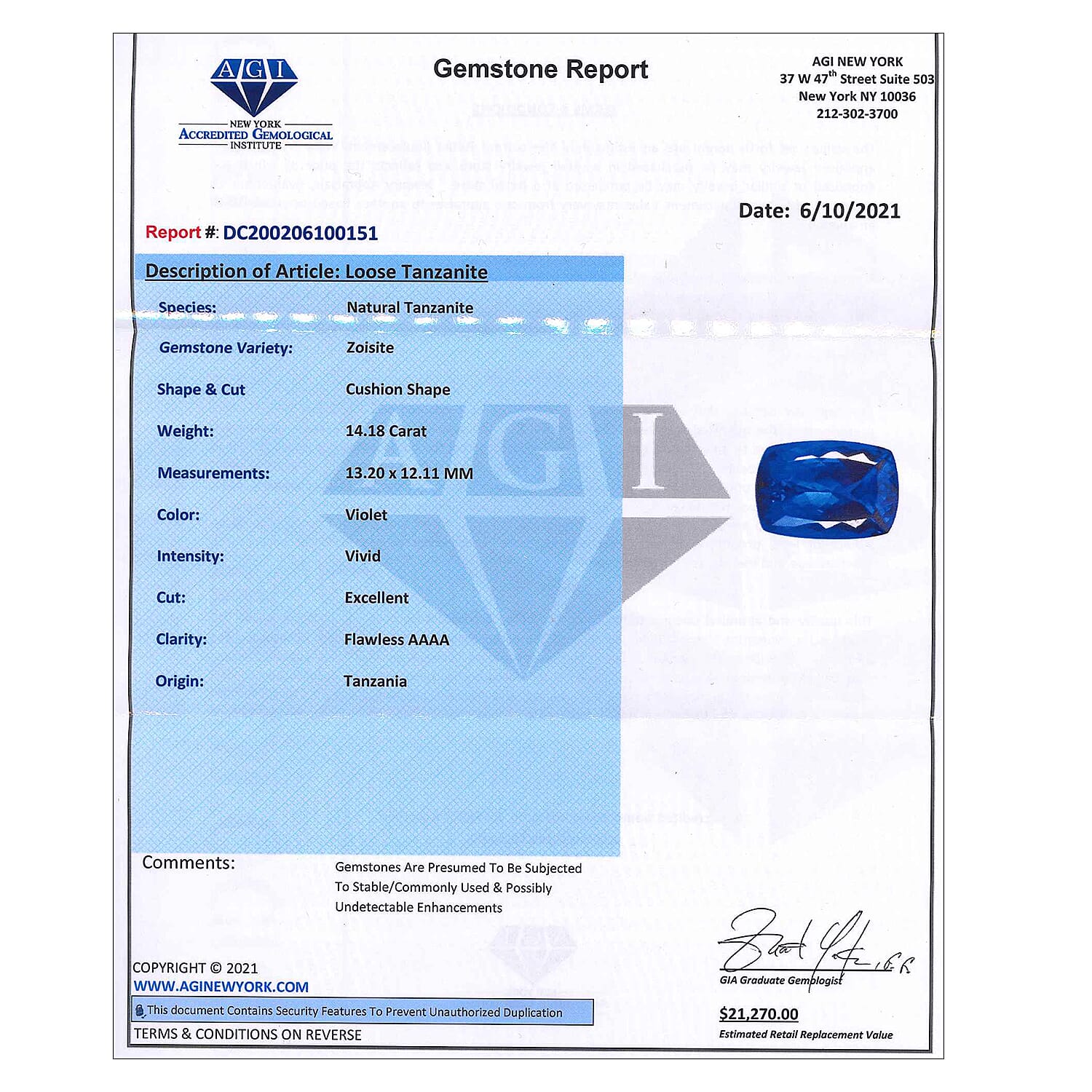 AAAA Tanzanite with Appraised Certificate (Cush Free Size) 14.18 ctw | Loose Gem | Loose Gemstones | Loose Stones | Jewelry Stones