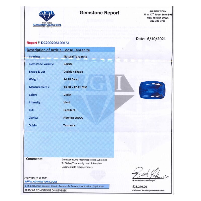AAAA Tanzanite with Appraised Certificate (Cush Free Size) 14.18 ctw | Loose Gem | Loose Gemstones | Loose Stones | Jewelry Stones