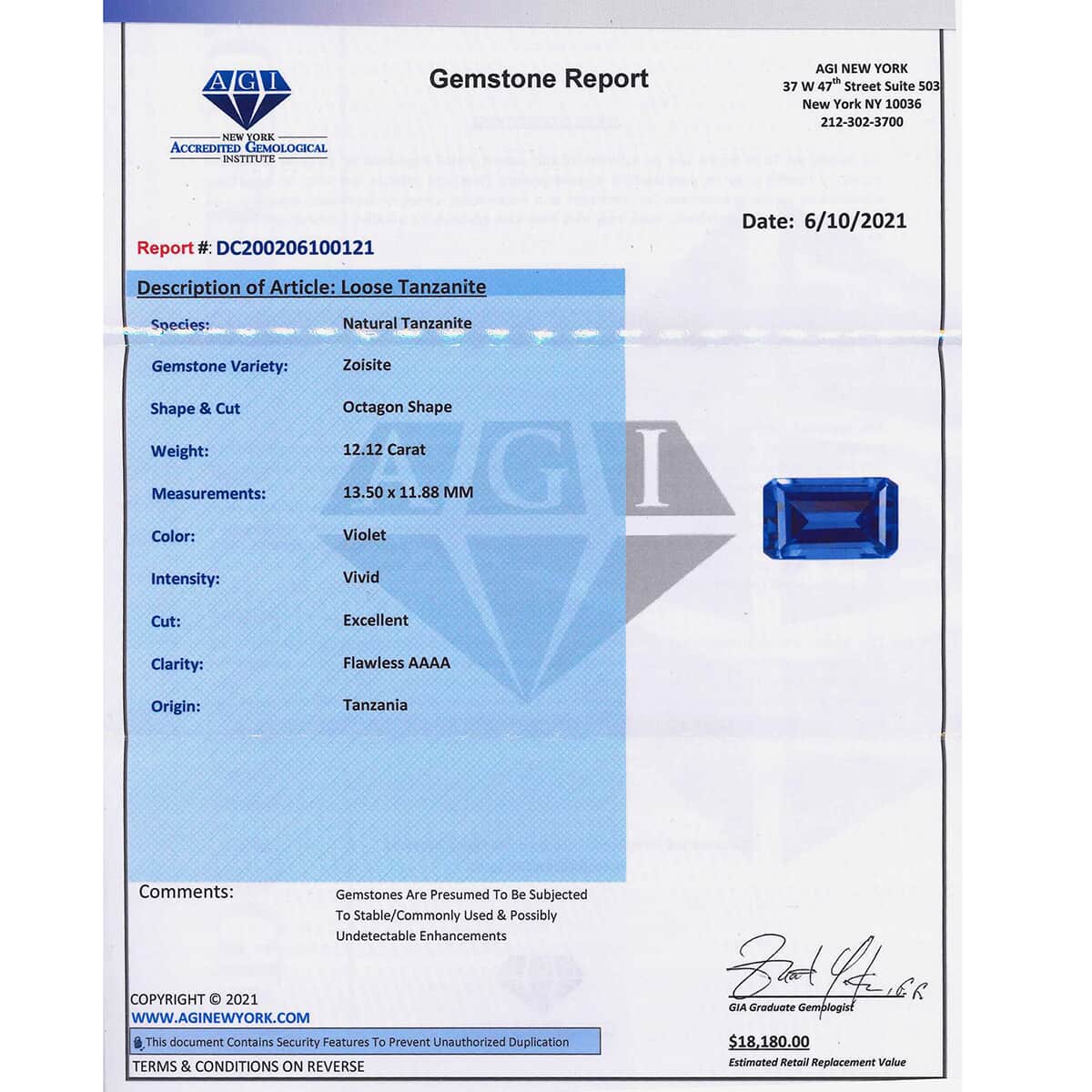 AAAA Tanzanite with Appraised Certificate (Oct Free Size) 12.12 ctw image number 4