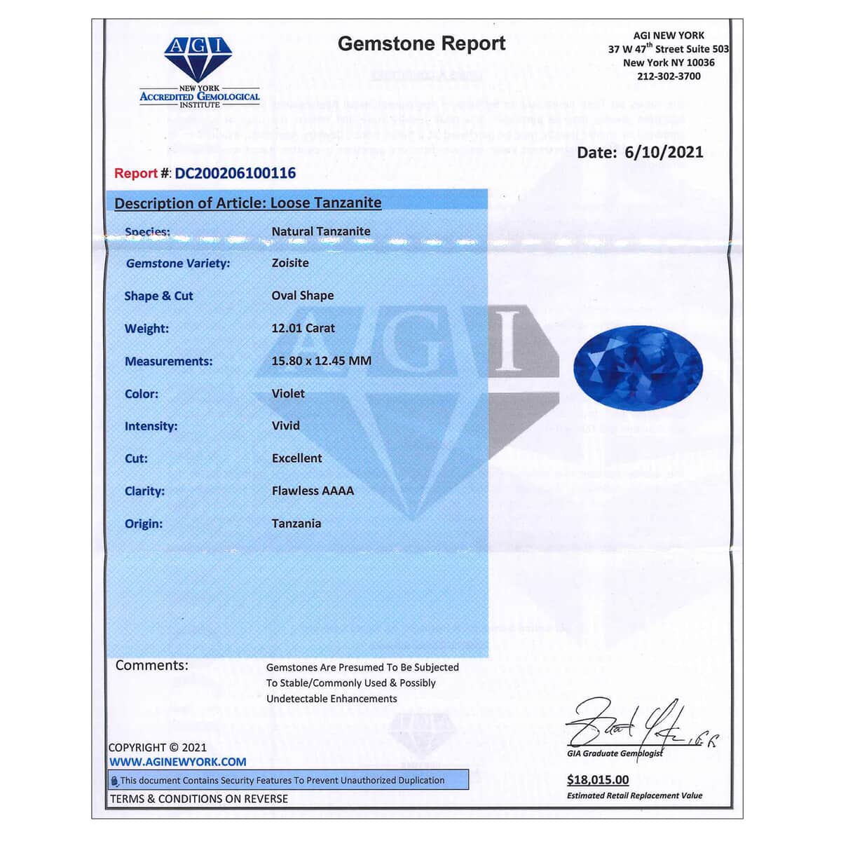 AAAA Tanzanite with Appraised Certificate (Ovl Free Size) 12.01 ctw image number 4