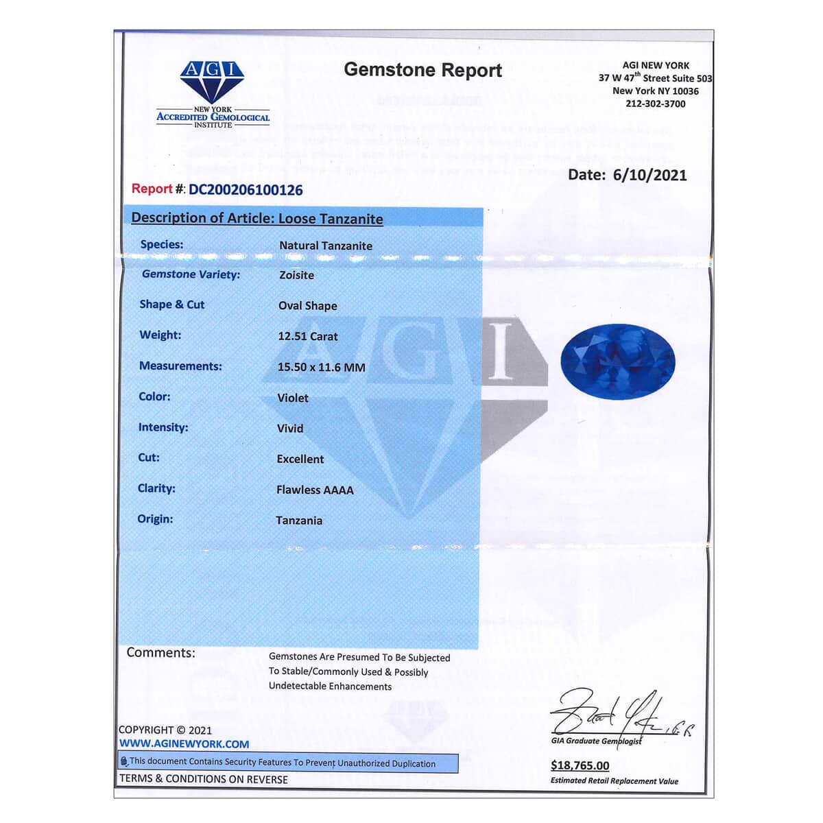 AAAA Tanzanite with Appraised Certificate (Ovl Free Size) 12.51 ctw image number 4