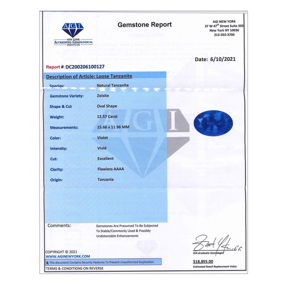 AAAA Tanzanite with Appraised Certificate (Ovl Free Size) 12.57 ctw image number 4