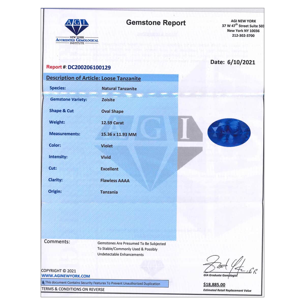 AAAA Tanzanite with Appraised Certificate (Ovl Free Size) 12.59 ctw image number 4
