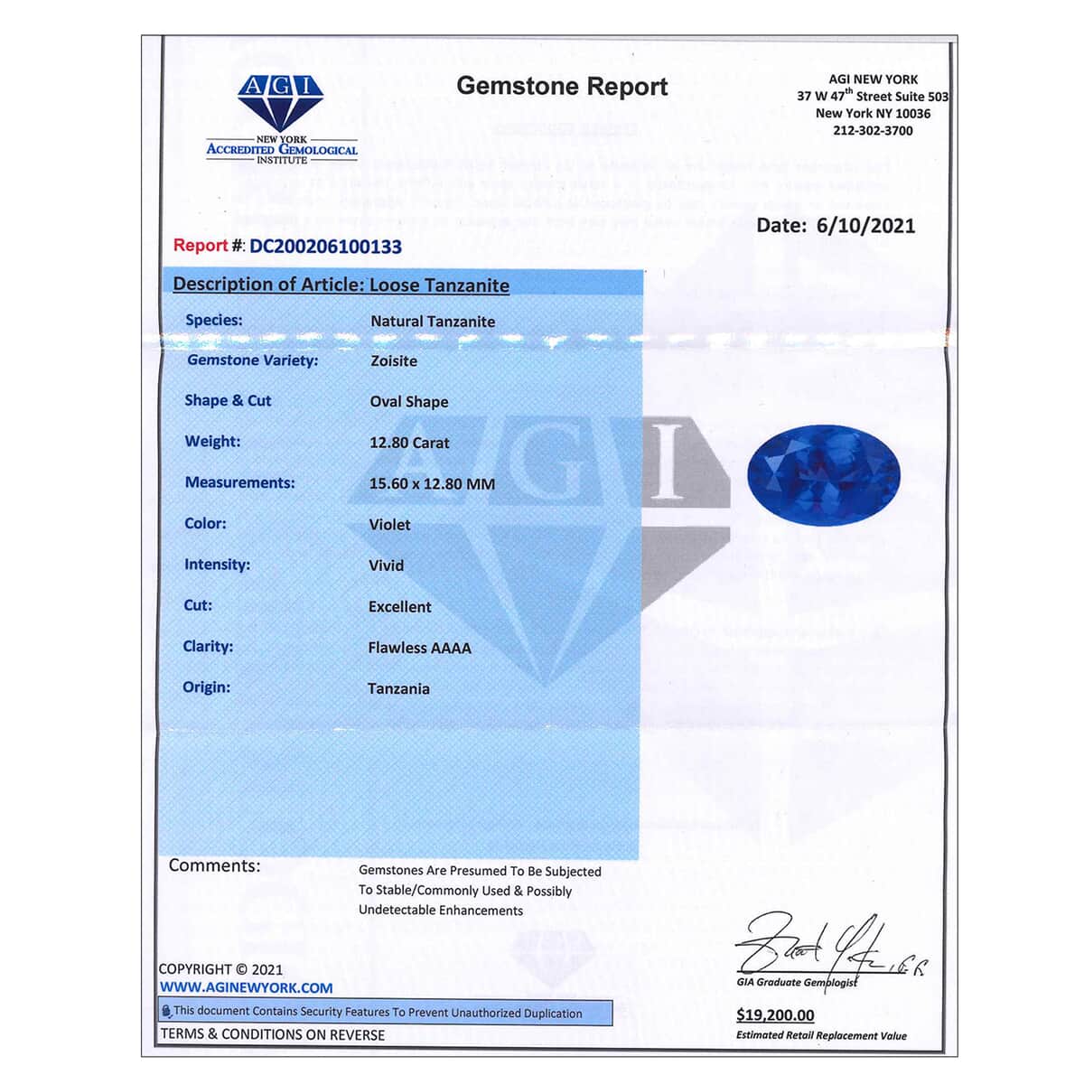 AAAA Tanzanite with Appraised Certificate (Ovl Free Size) 12.80 ctw image number 4