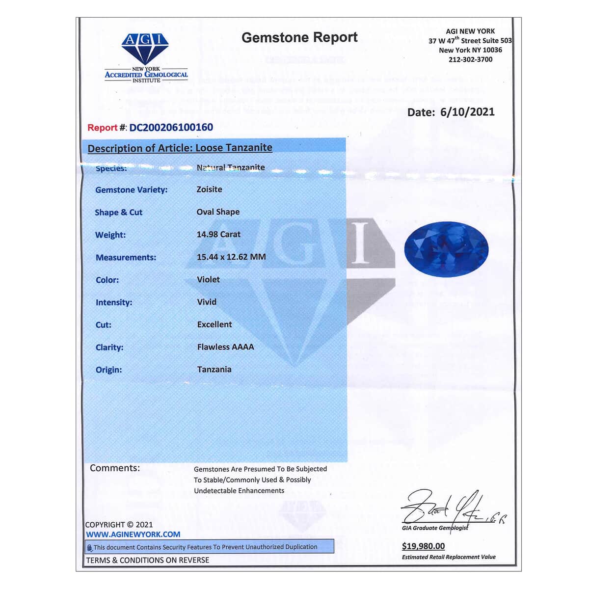 AAAA Tanzanite with Appraised Certificate (Ovl Free Size) 14.98 ctw image number 4