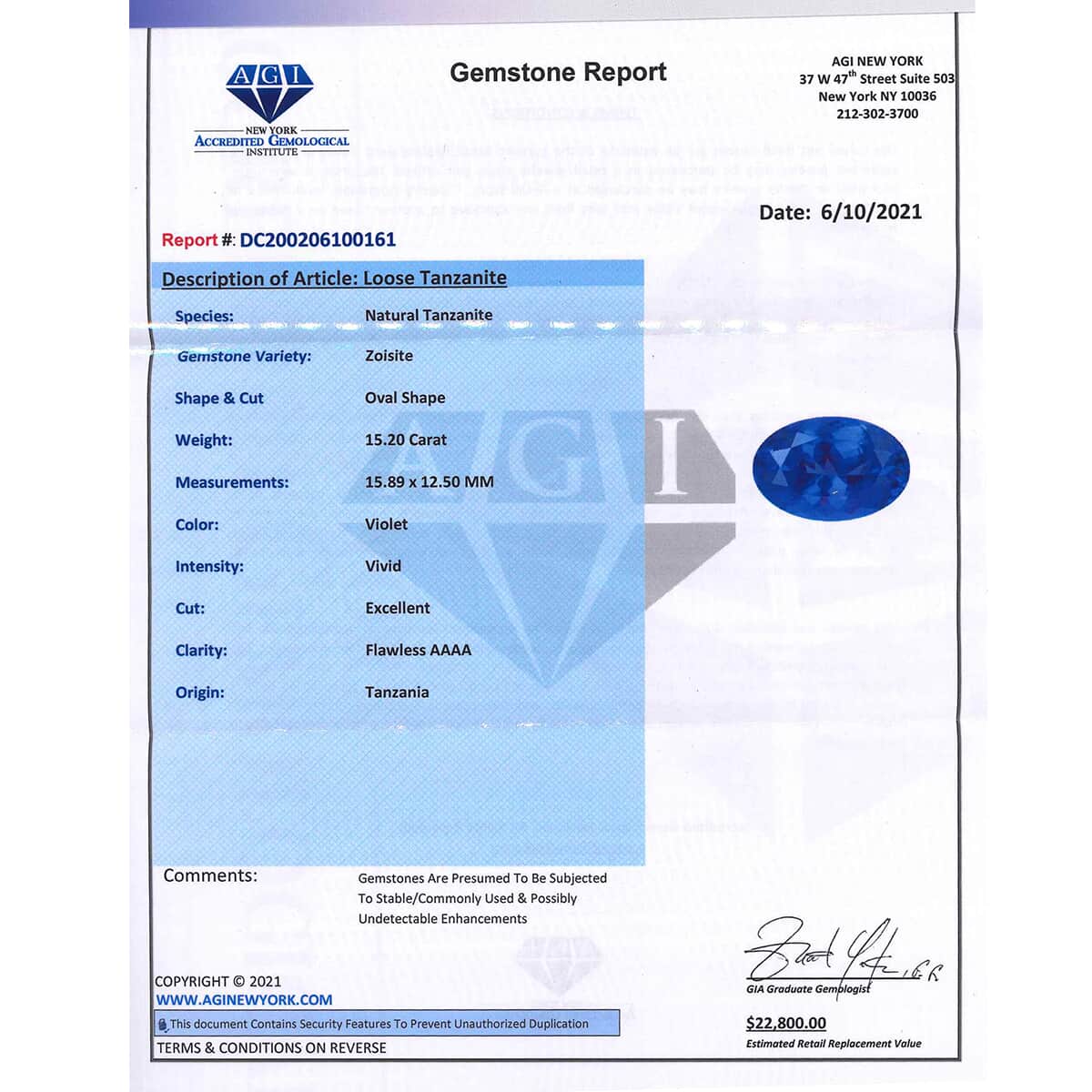 AAAA Tanzanite with Appraised Certificate (Ovl Free Size) 15.20 ctw image number 4