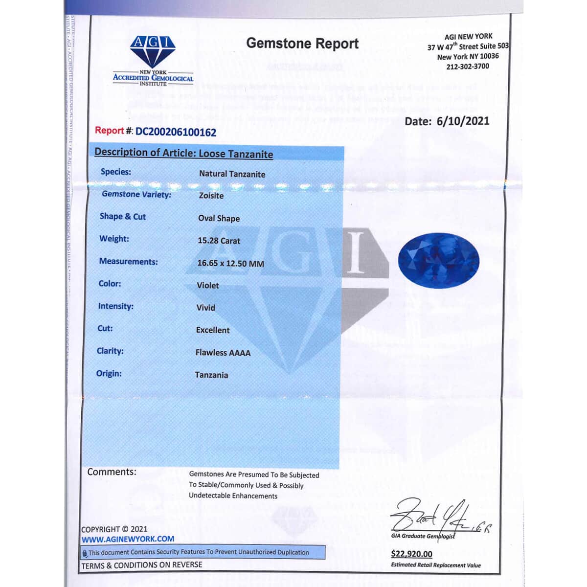 AAAA Tanzanite with Appraised Certificate (Ovl Free Size) 15.28 ctw image number 4