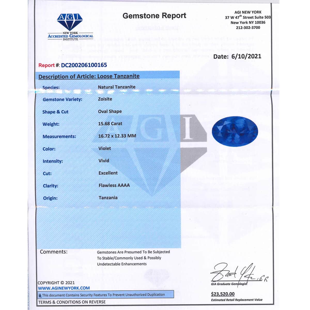 AAAA Tanzanite with Appraised Certificate (Ovl Free Size) 15.68 ctw image number 4