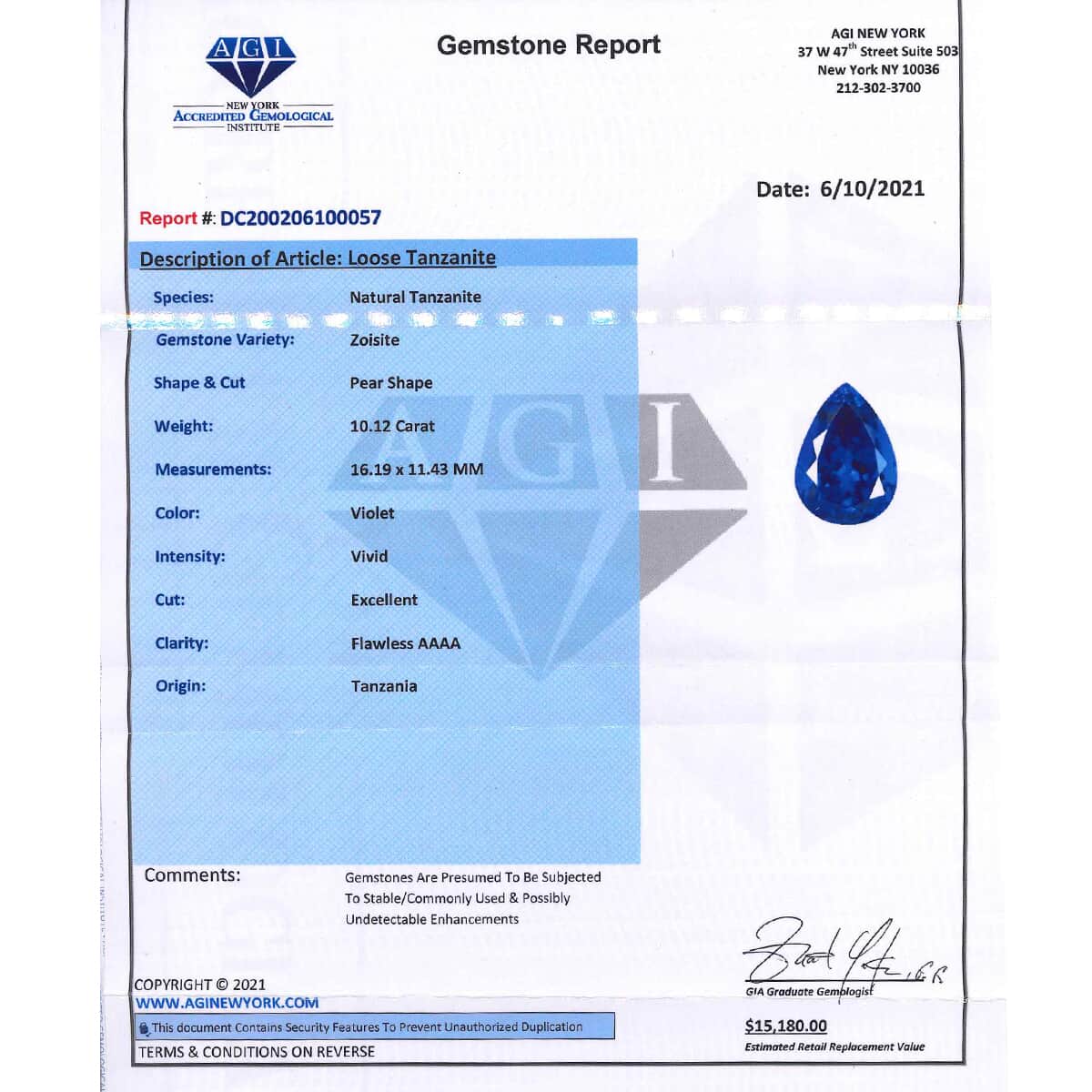 Certified & Appraised AAAA Tanzanite (Pear Free Size) 10.12 ctw image number 4