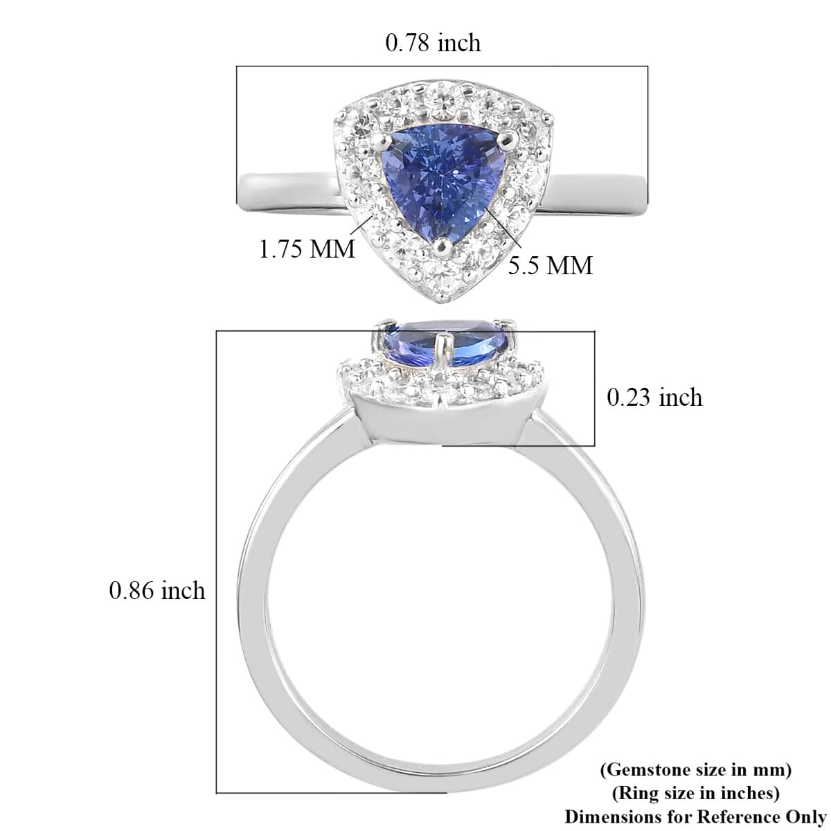 1.00 ctw Tanzanite and Natural White Zircon Halo Ring in Platinum Over Sterling Silver image number 5