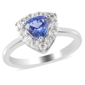 Tanzanite and Natural White Zircon Halo Ring in Platinum Over Sterling Silver (Size 6.0) 1.00 ctw