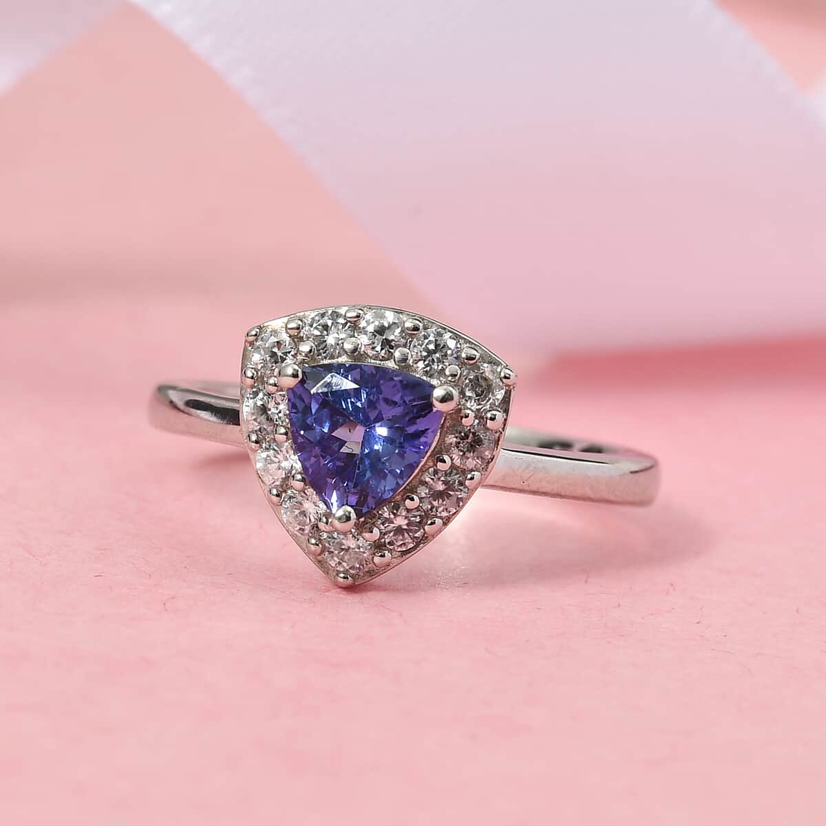 Tanzanite and Natural White Zircon Halo Ring in Platinum Over Sterling Silver (Size 6.0) 1.00 ctw image number 1
