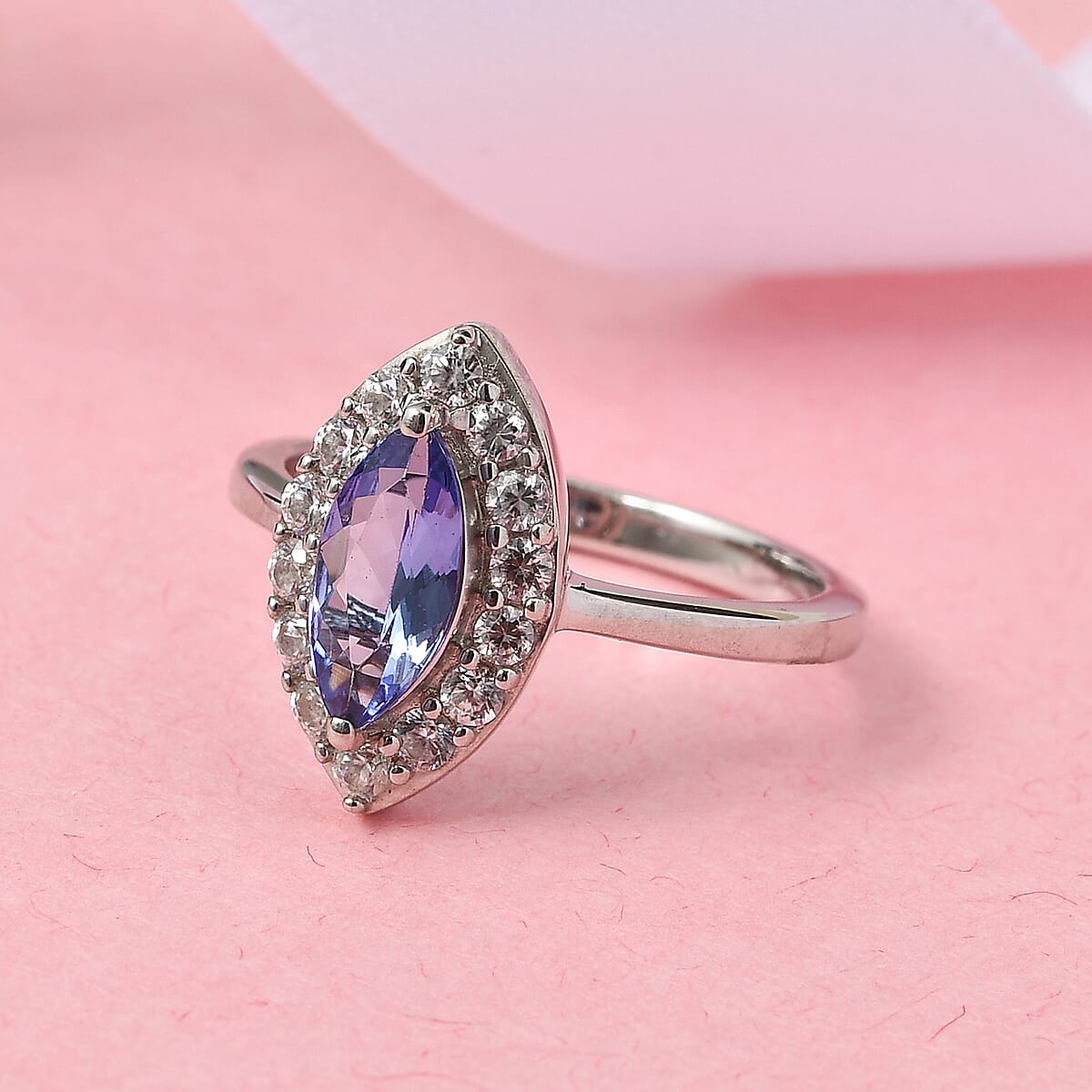 Tanzanite and Natural White Zircon Halo Ring in Platinum Over Sterling Silver (Size 6.0) 1.15 ctw image number 1