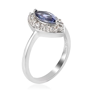 Tanzanite and Natural White Zircon Halo Ring in Platinum Over Sterling Silver (Size 6.0) 1.15 ctw