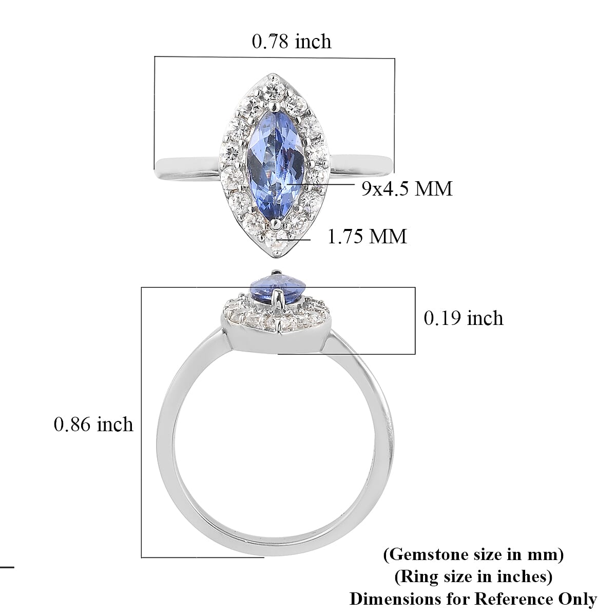 Tanzanite and Natural White Zircon Halo Ring in Platinum Over Sterling Silver (Size 6.0) 1.15 ctw image number 5