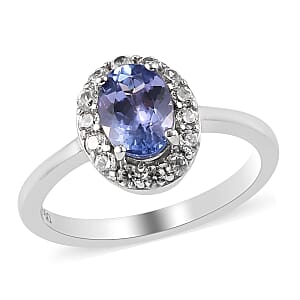 Tanzanite and Natural White Zircon Halo Ring in Platinum Over Sterling Silver (Size 6.0) 1.10 ctw