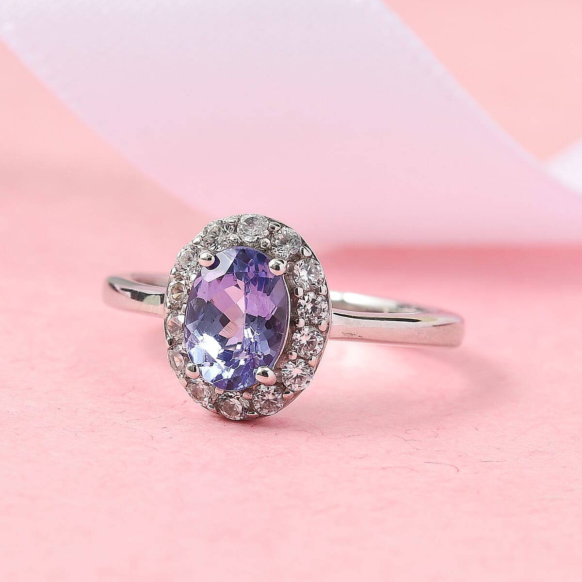 Tanzanite and Natural White Zircon Halo Ring in Platinum Over Sterling Silver (Size 6.0) 1.10 ctw image number 1