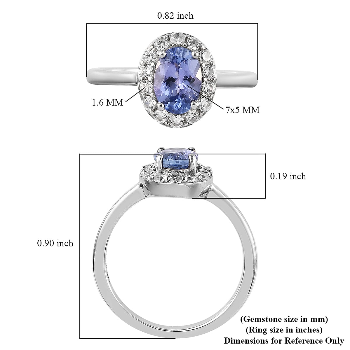 Tanzanite and Natural White Zircon Halo Ring in Platinum Over Sterling Silver (Size 6.0) 1.10 ctw image number 5