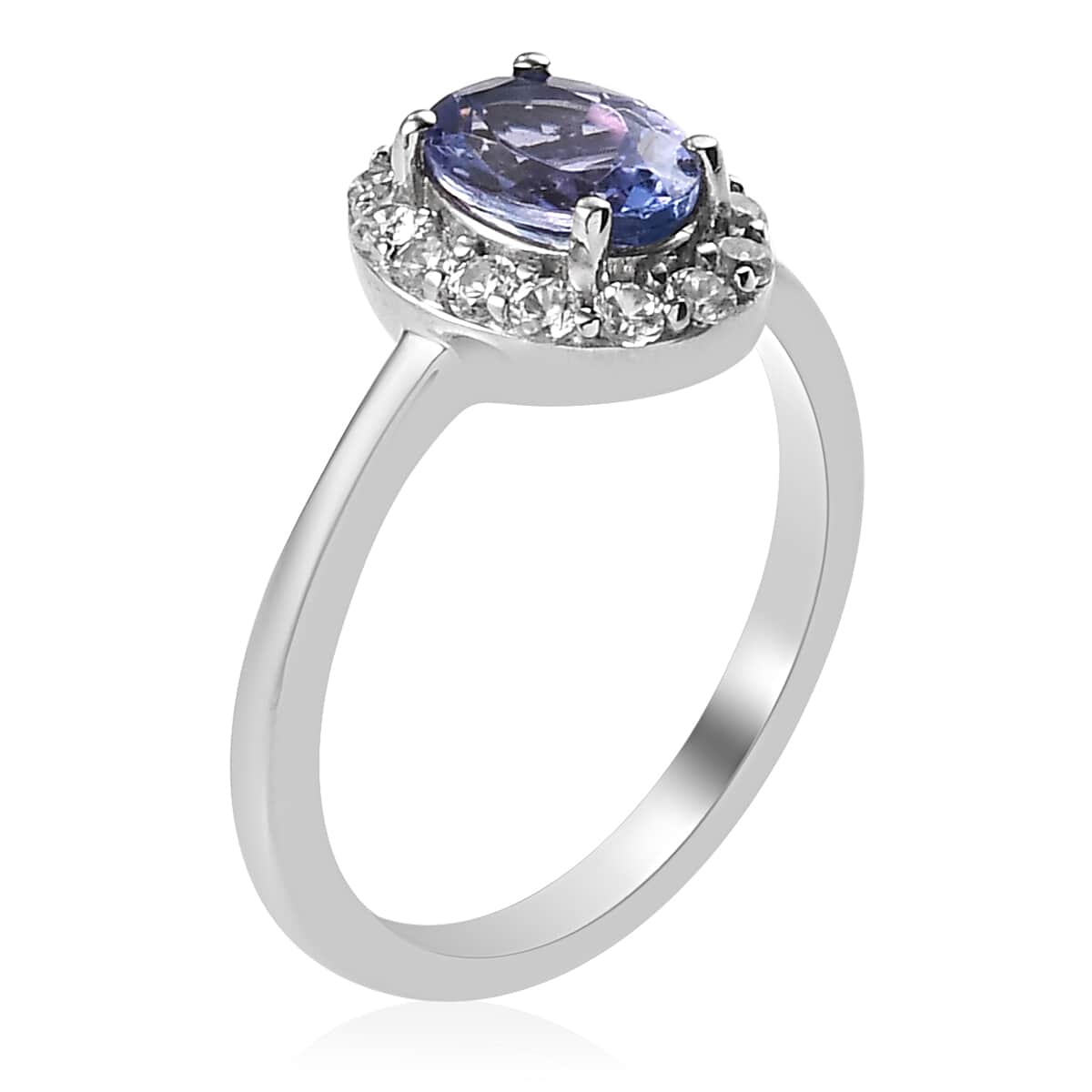 Tanzanite and Natural White Zircon Halo Ring in Platinum Over Sterling Silver (Size 7.0) 1.10 ctw image number 3