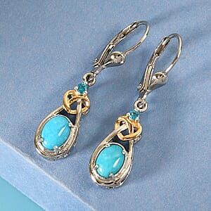 AMERICAN Natural Sleeping Beauty Turquoise and Malgache Neon Apatite Dangle Earrings in Vermeil Yellow Gold and Platinum Over Sterling Silver 1.50 ctw
